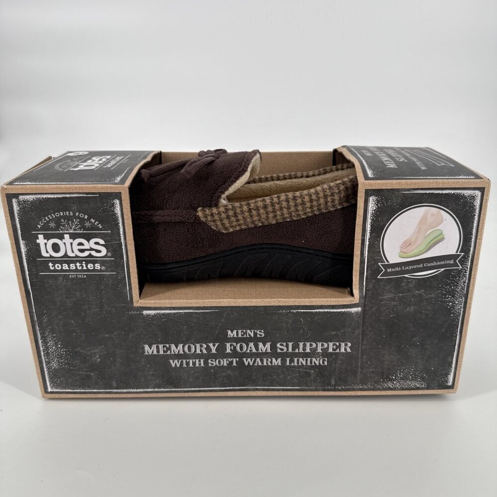 New TOTES Toasties Men's MEMORY FOAM SLIPPERS Brown Plaid Trim LARGE 9-10 Comfy